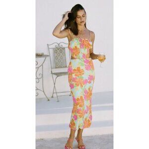 SABO SKIRT Adelina Midi Dress in Bright Floral Cut Out Feminine Smocked Flowy XS